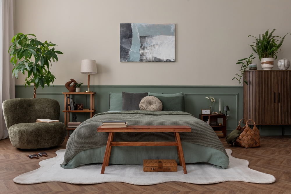 Immagine di camera da letto verde con tavolino