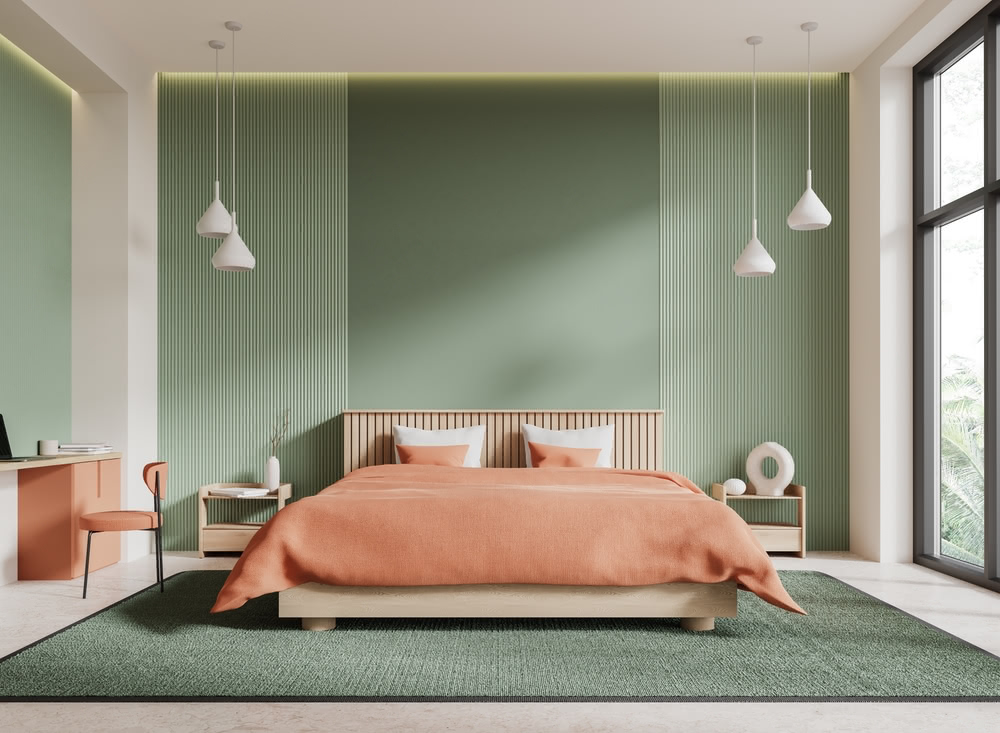 Immagine di camera da letto verde rosa