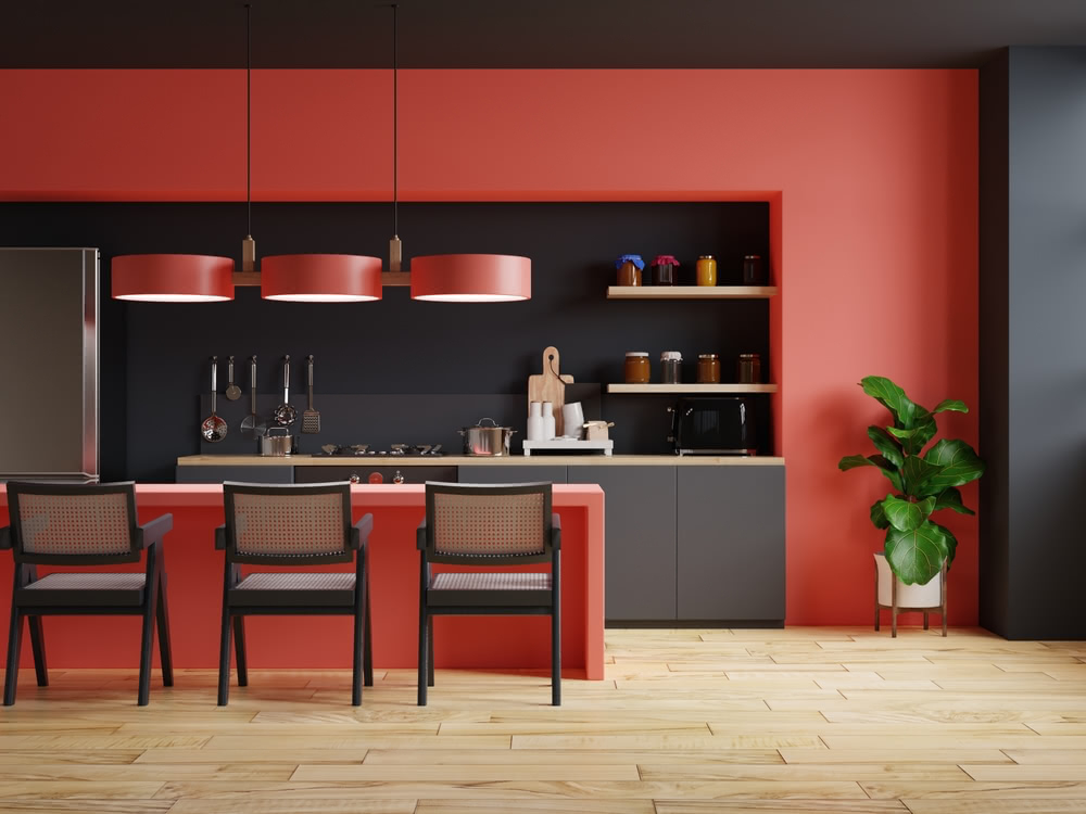 Immagine di cucina moderna rossa e nera