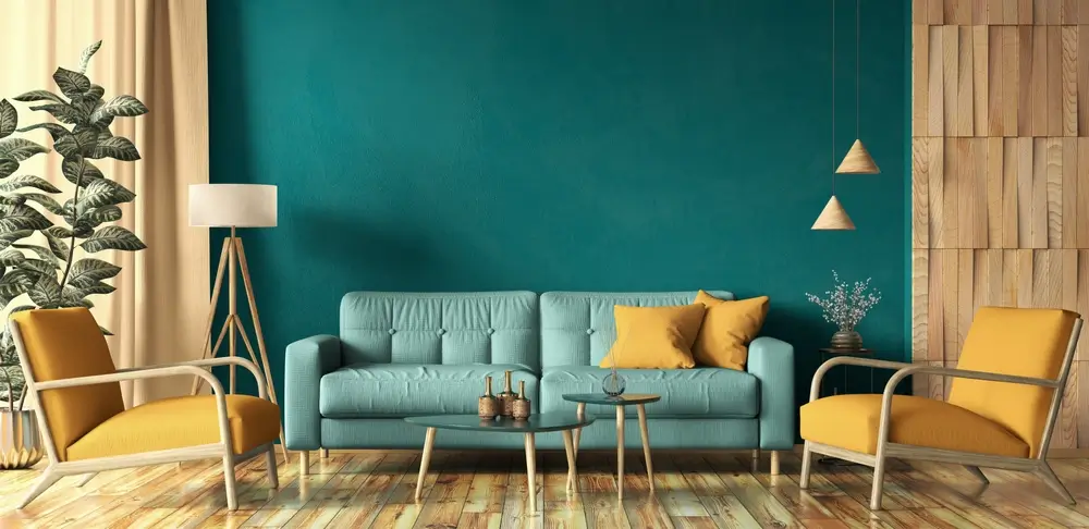 Immagine di divano verde parete colorata